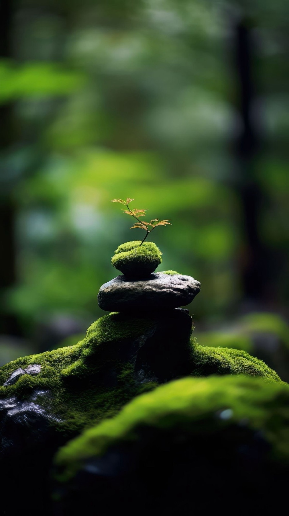 苔むした石と若葉